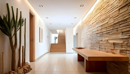 architectural photography of a modern entrance hall with a wooden staircase, white walls, and a stone wall, under natural light