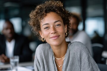 A woman with freckles beams brightly while participating in a meeting, radiating positivity and confidence, and establishing strong connections with her peers in a professional context.