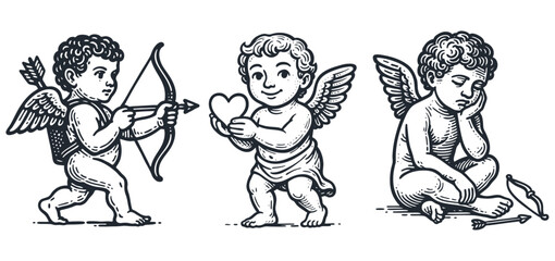 Vintage engraving vector set of three Cupid cherubs. One aims bow & arrow, one holds heart, one sits dejected. Love, Valentine's Day theme. Monochrome.