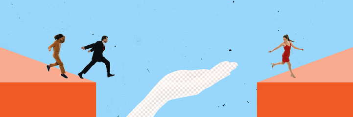 Banner. Contemporary art collage. People run across bridge formed by clasped hands seen from above...