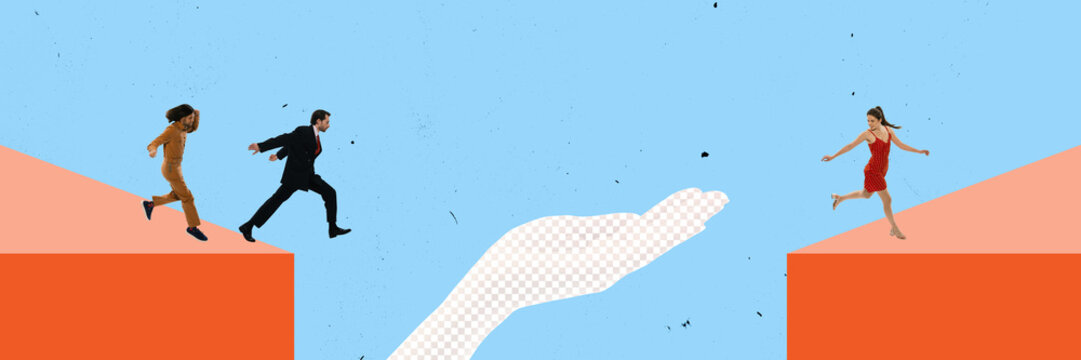 Banner. Contemporary art collage. People run across bridge formed by clasped hands seen from above in clear overview. Big Picture. Concept of business planning, consultancy, product strategy