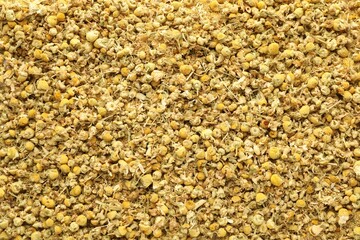 Dry chamomile flowers as background, top view