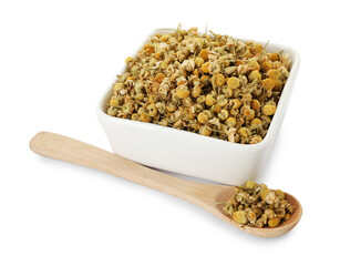 Dry chamomile flowers in bowl and spoon isolated on white
