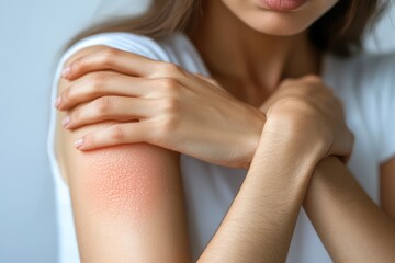 Woman scratching arm with irritated skin rash