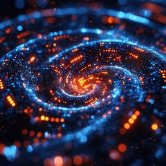 Abstract Swirling Digital Data Stream with Orange and Blue Points