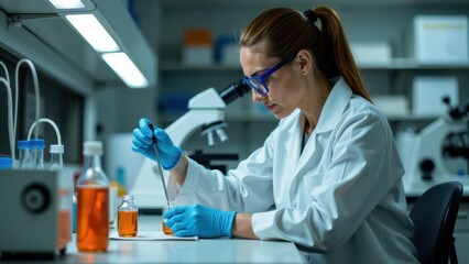 Fototapeta premium A scientist in a laboratory uses a pipette to measure liquid, surrounded by microscopes and glassware, concentrating on her research