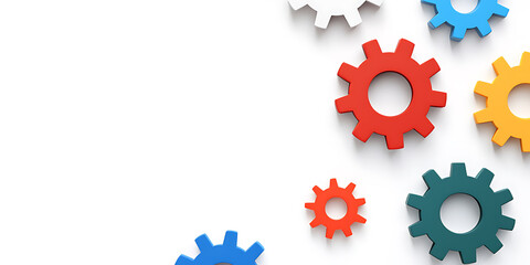 Colorful gears concept: Vivid gears on a white background symbolize teamwork, innovation, and mechanical processes. Visual metaphor for collaboration and progress.