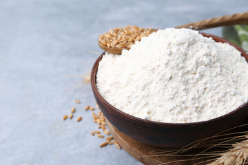 Wheat flour in bowl, grains and spike on grey table, closeup. Space for text