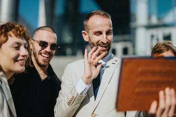 Colleagues enjoying a moment together while interacting outside a modern business building