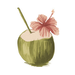 Tropical Coconut Drink with Hibiscus Flower in a Shell, Perfect for Summer Vibes and Refreshing Beach Escapes