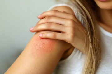 Woman scratching arm with irritated skin rash