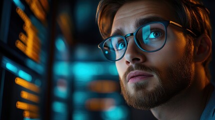 Young man with glasses analyzes data in a high-tech environment illuminated by blue and orange lights during late evening hours