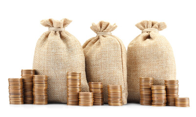 Bags and stacked coins isolated on white