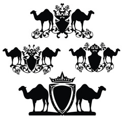 standing arabian dromedary camel and heraldic shield decorated with rose flowers and royal crown - pair of one-humped animals black and white vector luxurious insignia badge design