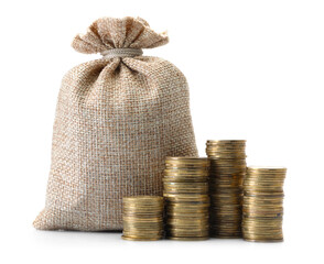 Bag and stacked coins isolated on white