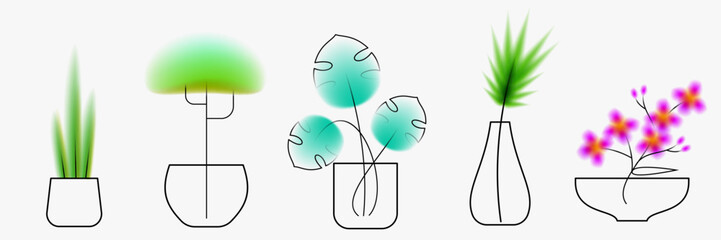 Plants in pot for home or garden in minimal art style. Creative art composition with blurred gradient and simple line elements. Set of bright modern botanical design.