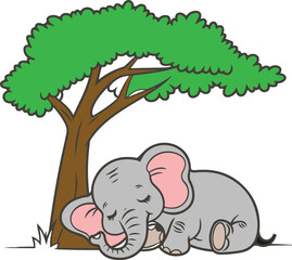 Cute baby elephant character having fun in the wild nature