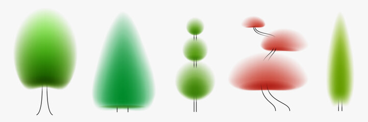 Trees various shapes in minimal art style. Creative art composition with blurred gradient and simple line elements. Set of bright modern botanical design.
