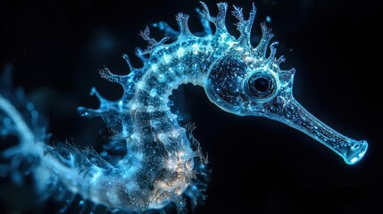 Colorful seahorse illuminated by bioluminescent effects in a dark underwater environment