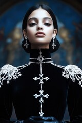 Elegant young woman in black velvet dress adorned with pearls in a grand indoor setting