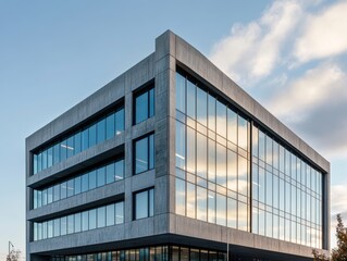 Modern office building with reflective glass showcasing minimalist architecture in a vibrant urban setting during daylight hours