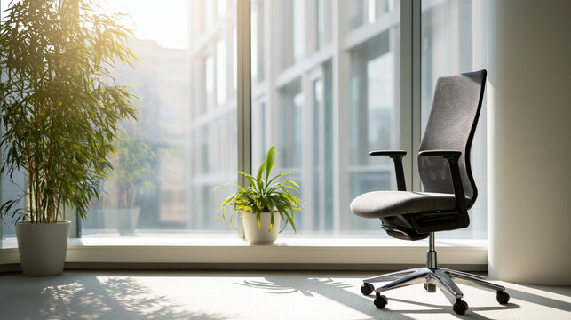 Minimalist office corner with ergonomic chair and plant, conveying modern simplicity and calm productivity.