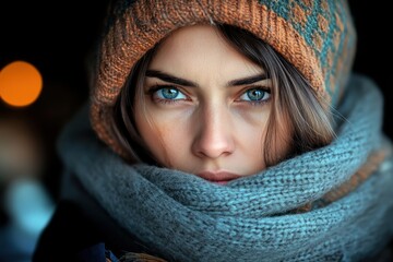 Young woman with striking blue eyes wearing a warm hat and scarf in a cozy winter setting