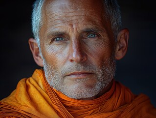 Portrait of a serene individual in bright orange attire, reflecting wisdom and tranquility in a timeless setting