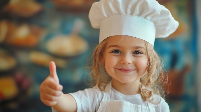 Young child chef shows enthusiasm while cooking in a colorful kitchen setting