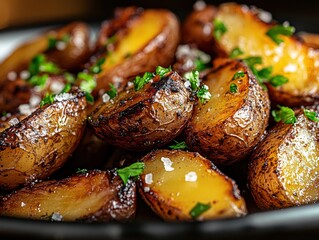 Crispy roasted potatoes garnished with herbs served in a bowl