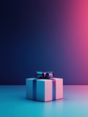 Colorful gift box with ribbon on a smooth surface against a gradient background during evening hours