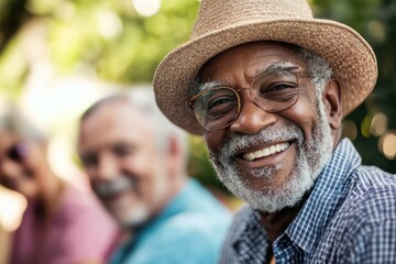 Happy Elderly Man Socializing with Seniors Outdoors