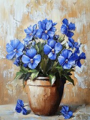 Vibrant blue flowers in a clay pot against a textured beige background capturing nature's beauty during daylight