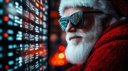 Santa Claus in sunglasses interacts with a glowing data display during the holiday season
