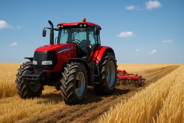 Tractor plowing golden wheat fields under a clear blue sky in summer