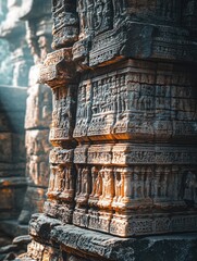 Intricate carvings on ancient temple walls reveal stories of a bygone era in captivating light