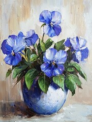 Vibrant blue pansies in a textured ceramic pot showcasing floral beauty in a serene indoor setting