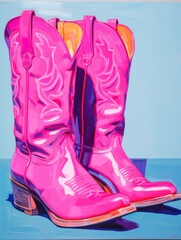 Bright pink cowboy boots displayed against a blue background capture the essence of Western fashion and make a striking statement in a modern setting