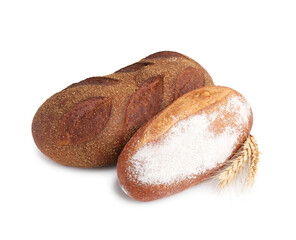 Fresh bread loaves and spikes isolated on white