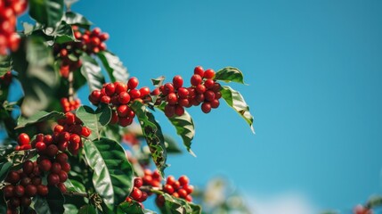 Obraz premium Red coffee cherries ripening on a branch under a clear blue sky in a tropical coffee plantation during midday