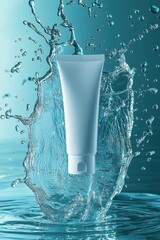 Water splashes around a light blue tube while droplets cascade in a serene setting