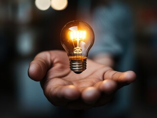 Hand holding an illuminated light bulb symbolizing innovation and creativity in a modern workspace setting