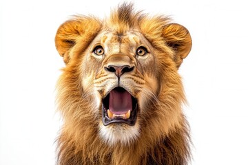 Fototapeta premium A majestic male lion roaring powerfully, showcasing its vibrant mane and expressive features against a white background, embodying strength and the wild.