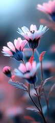 Vibrant flowers in soft hues blooming in a serene environment at dusk, showcasing nature's delicate beauty and tranquility