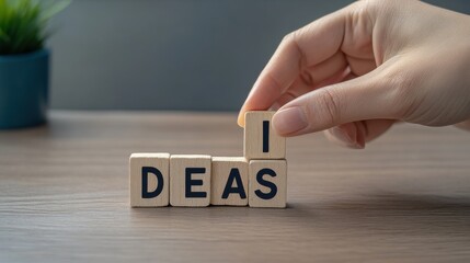 Creative hand rearranging wooden blocks spelling ideas on a wooden surface with a decorative plant in the background