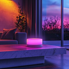 Modern living room at dusk with ambient lighting and colorful decor elements creating a relaxing atmosphere