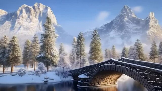 Stone Bridge Over Still Waters in a Snowy Mountainous Winter Wonderlandscape