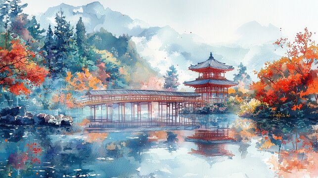 Watercolor Style Japanese Temple in Autumn Forest with Lake Reflection &ndash; Anime Landscape Art
