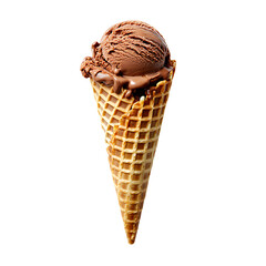Delicious Chocolate Ice Cream in Waffle Cone Isolated on White Background