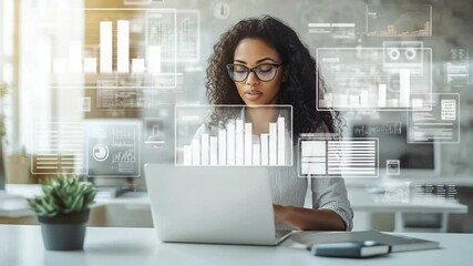 Focused woman analyzing financial data on laptop in modern office setting - Powered by Adobe